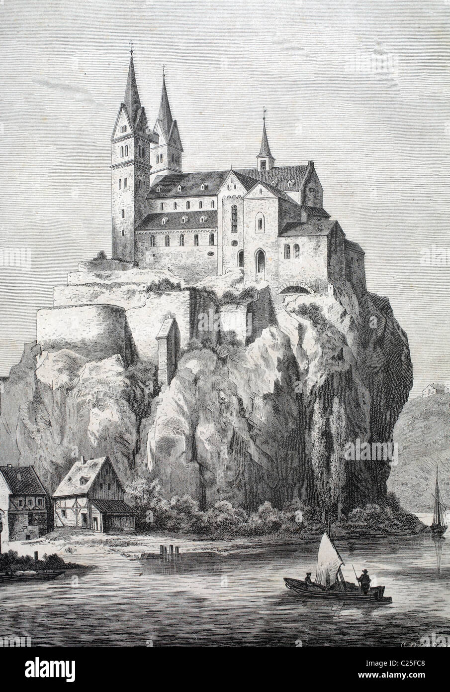 St. Lubentius Basilica in Dietkirchen, Lubentiuskirche Kirche, Landkreis Limburg-Weilburg, Hessen, Deutschland, historische illustrati Stockfoto