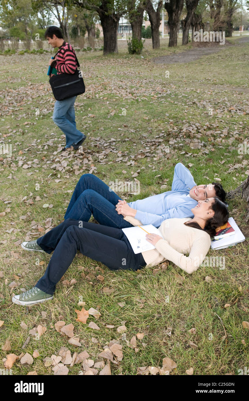 Bild, Mann und Frau, Traum, träumen, amerikanisch, Kaukasier, legen, verlegen, nach unten, am Campus, Universität, dem, Rasen, Boden. Stockfoto