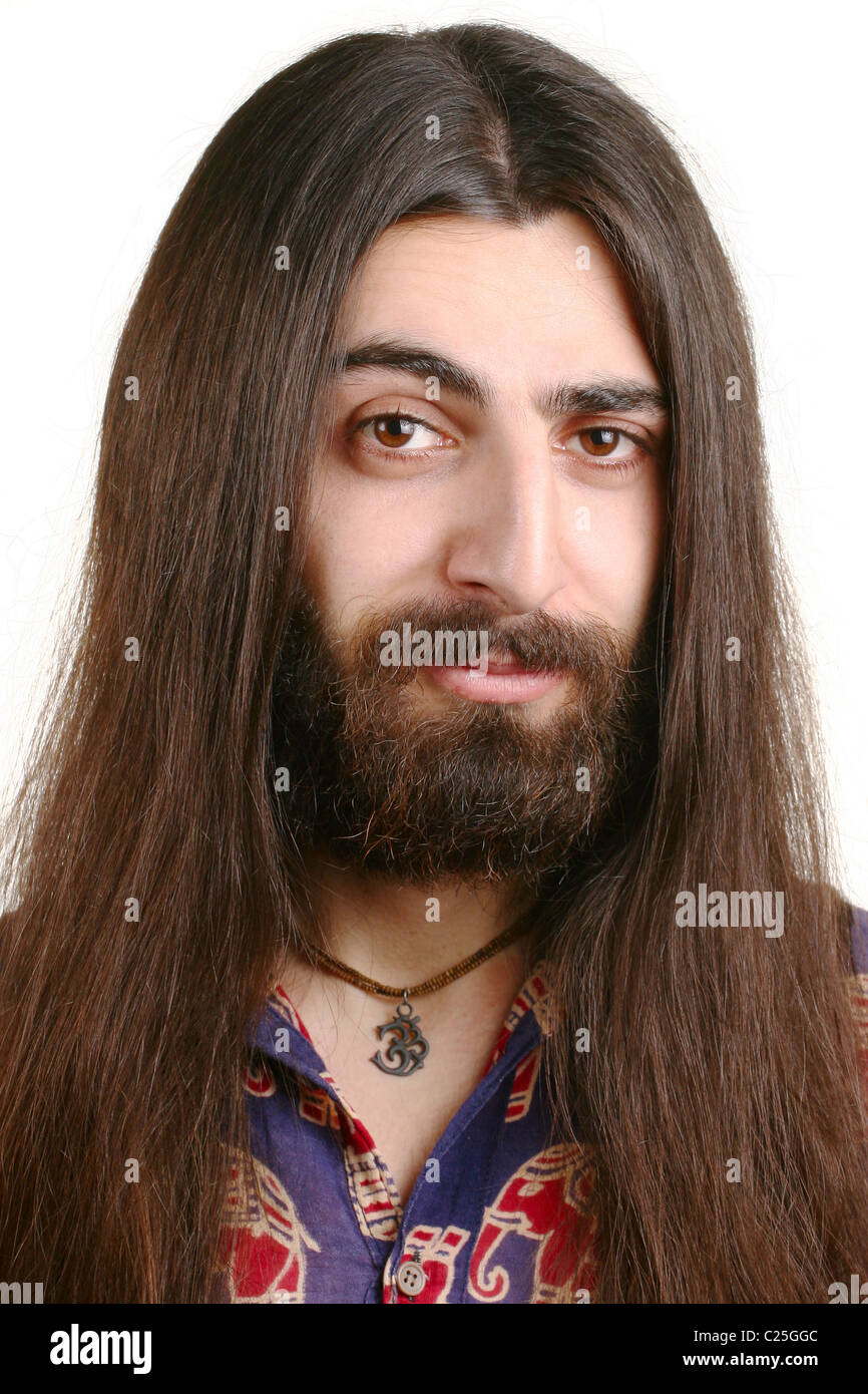 Langhaarige Lachelnder Hippie Mann Stockfotografie Alamy