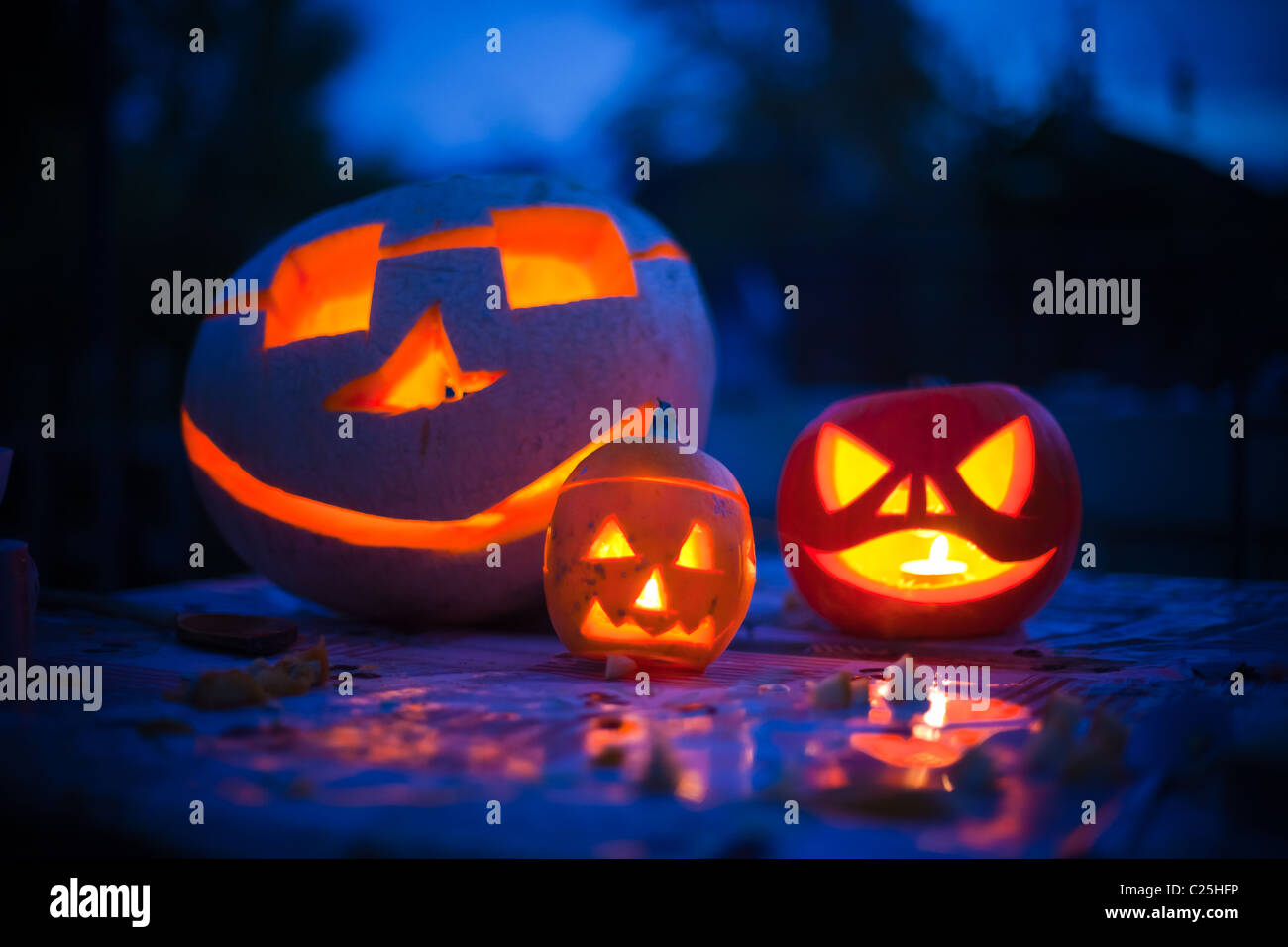 Halloween-Kürbisse zeigen verschiedene Schnitzereien mit Kerzen beleuchtet Stockfoto