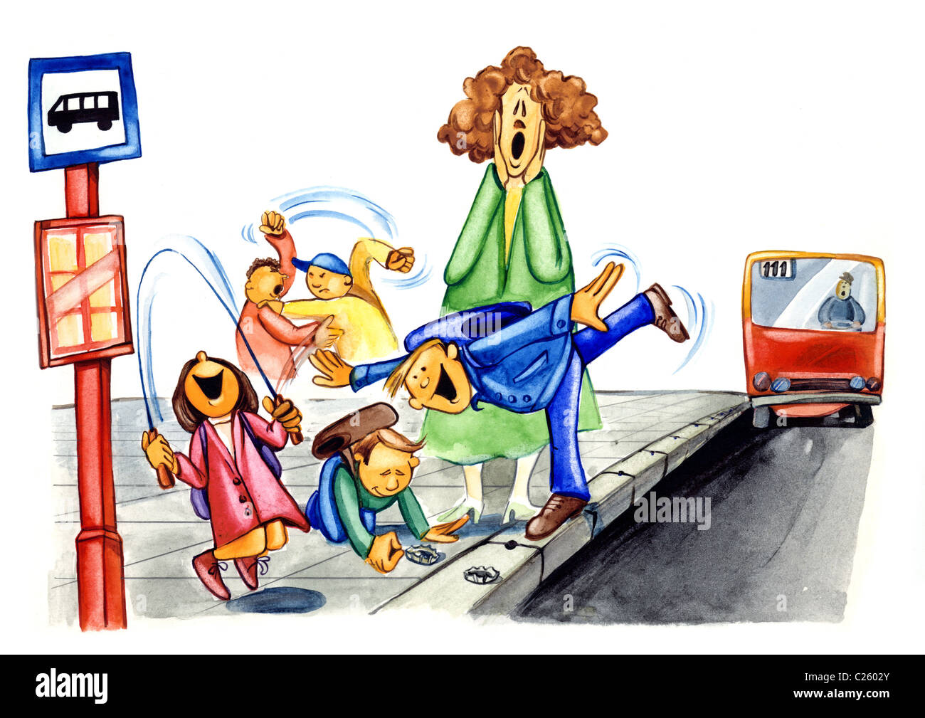 Malerei Illustration der unartige Schulkinder an Bushaltestelle Stockfoto