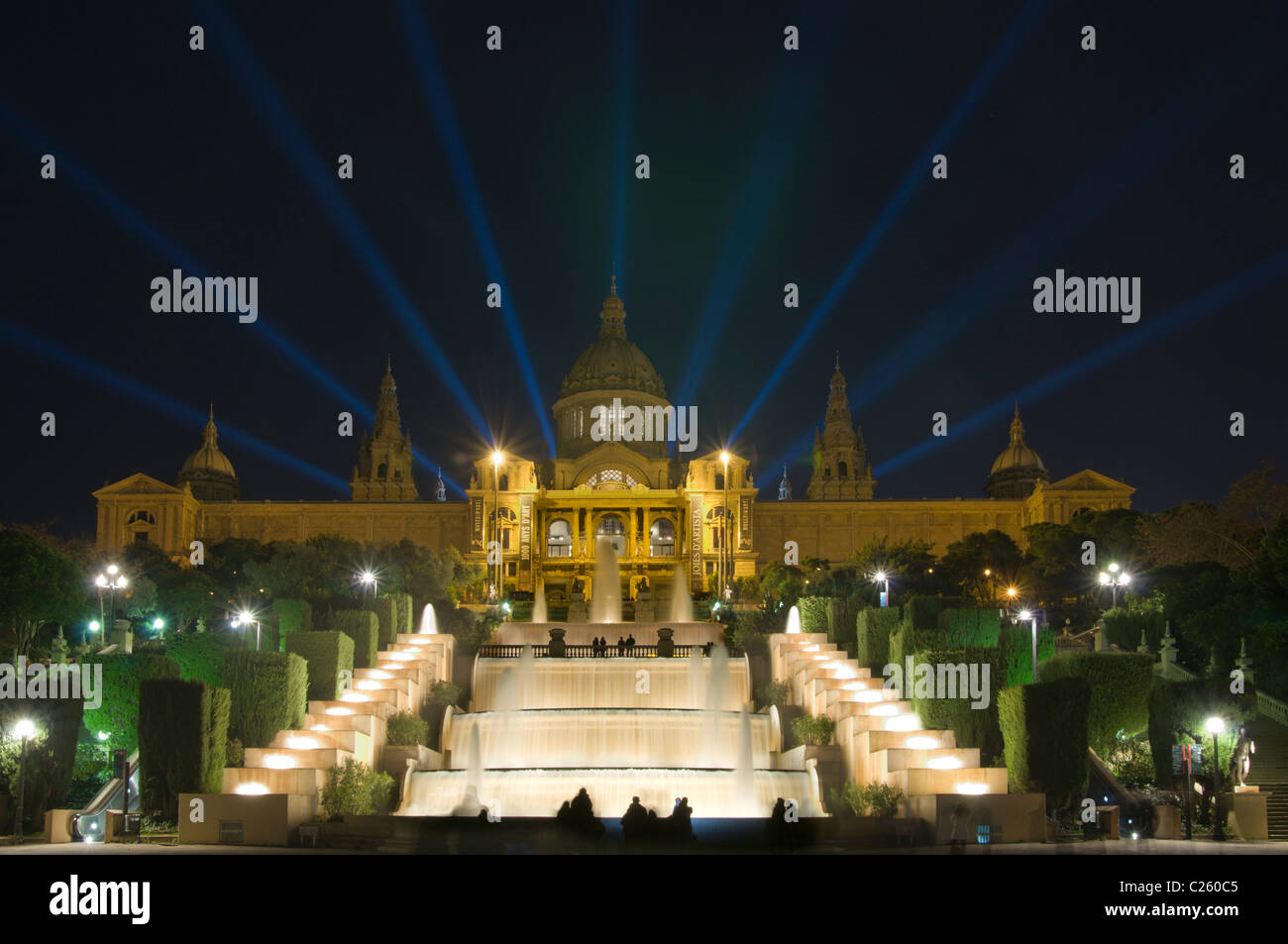 Magische Brunnen und Schloss von Montjuic, Barcelona, Katalonien, Spanien Stockfoto