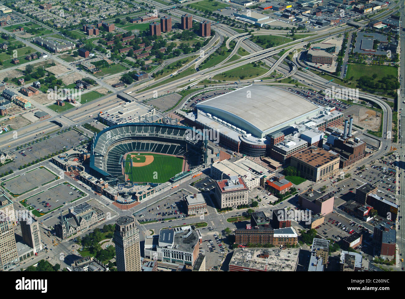 Luftaufnahme des Co Amerika Park & Ford Field Stadion Detroit Michigan USA Stockfoto