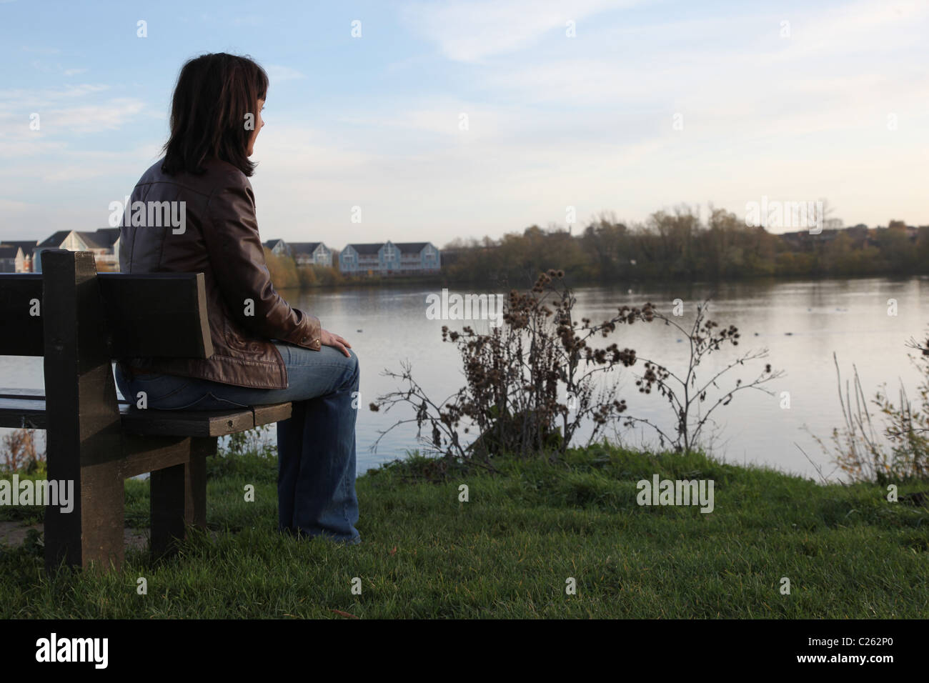 Rückansicht einer Frau tief in Gedanken mit Blick auf einen See, auf einer Parkbank sitzen. Stockfoto