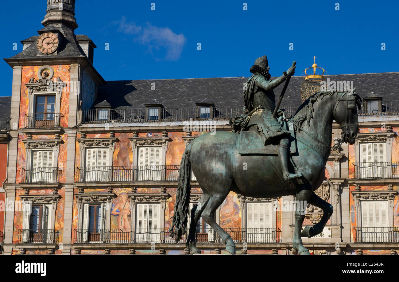 Philipp III. Plaza Mayor. Madrid, Spanien Stockfoto