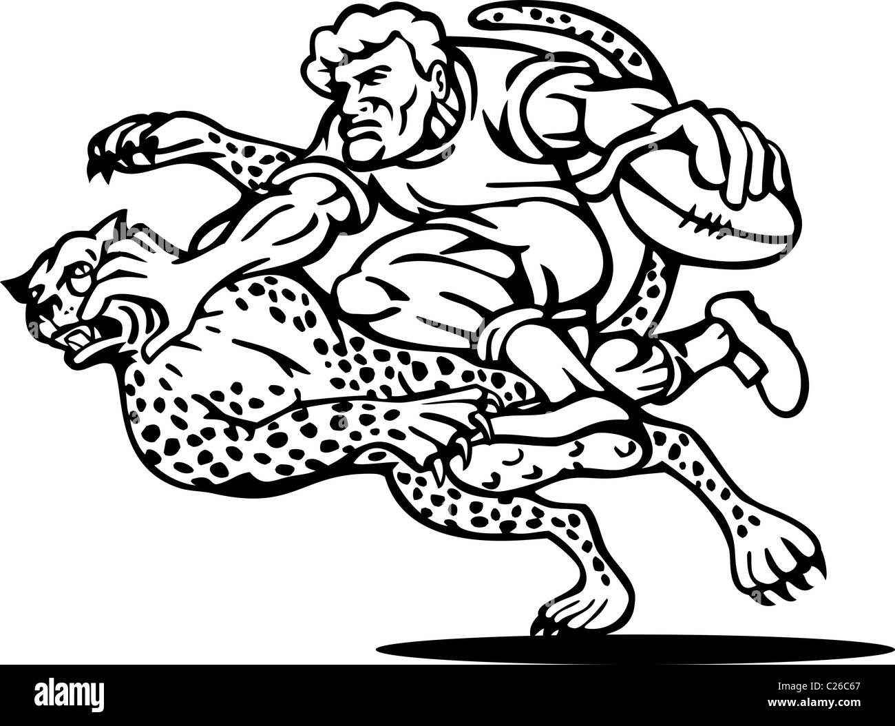 Beispiel für ein Rugby-Spieler läuft mit dem Ball Tackle angegriffen von einem Geparden auf isolierte Hintergrund getan in schwarz / weiß Stockfoto