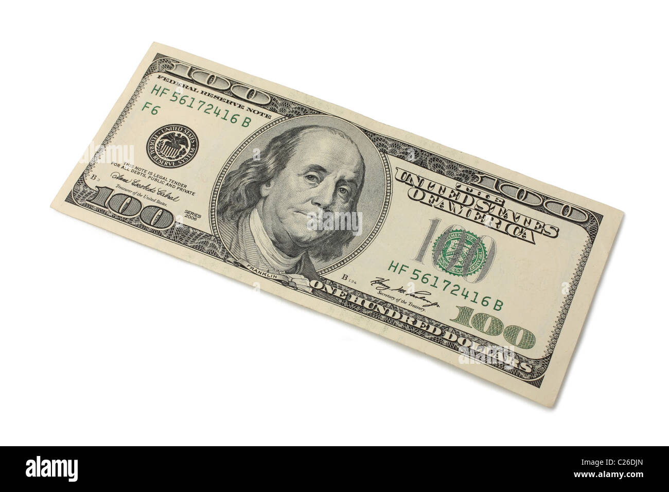 hundert Dollar Bill Ausschnitt auf weißem Hintergrund Stockfoto