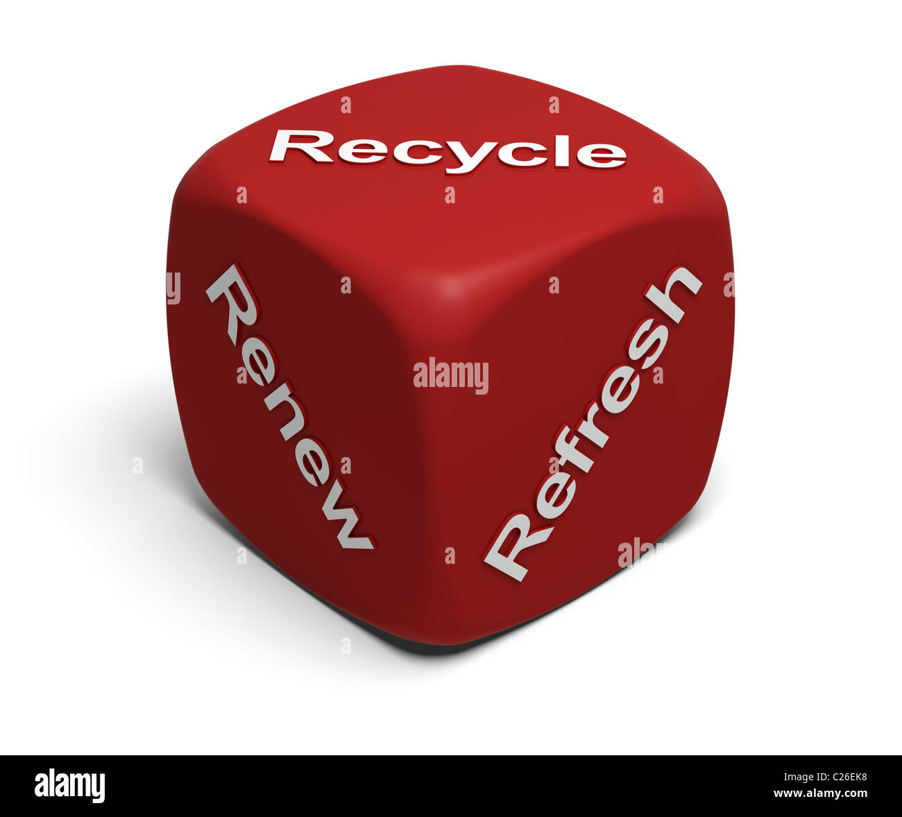Roten Würfel mit Worten erneuern, auffrischen, Recycle auf Gesichter Stockfoto