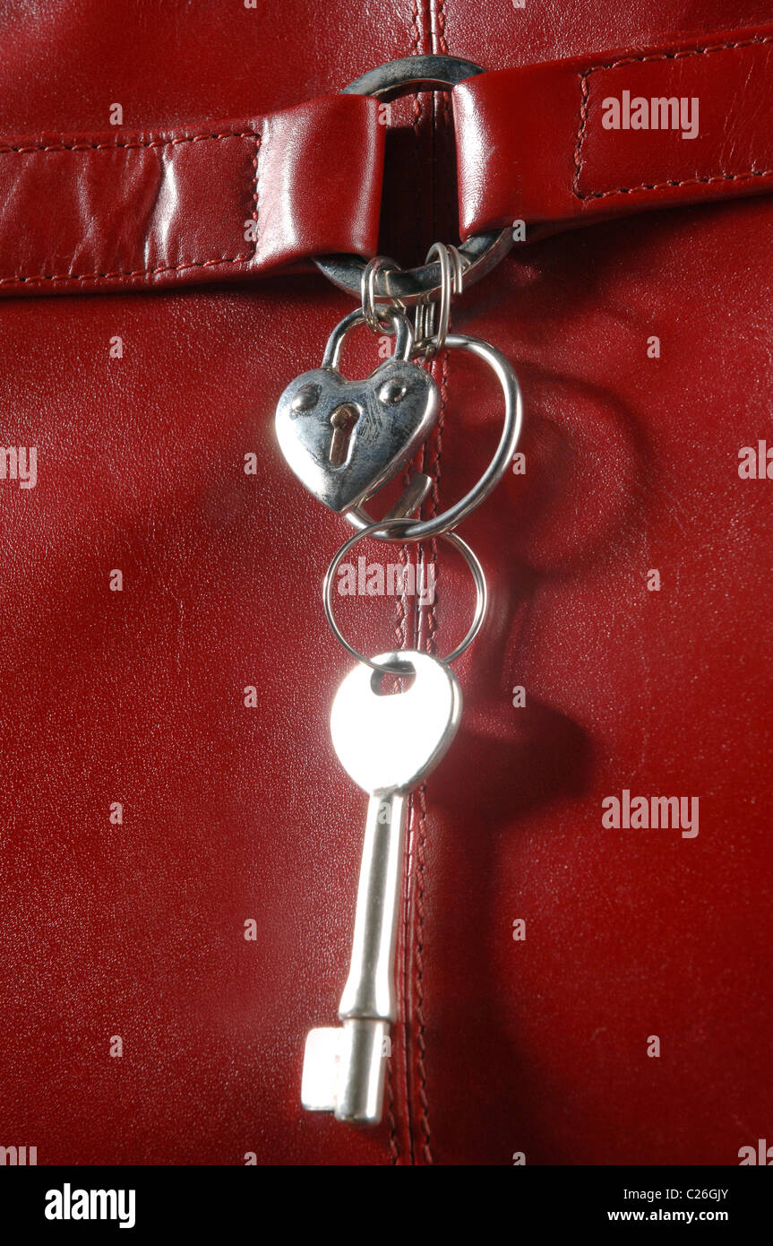 ein Metall Schlüsselbund auf einem Hintergrund von roten Haut Stockfoto