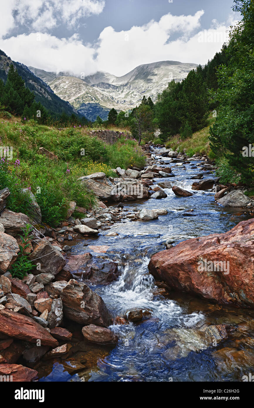 Gebirgsbach Coma de Ransol Andorra Stockfoto