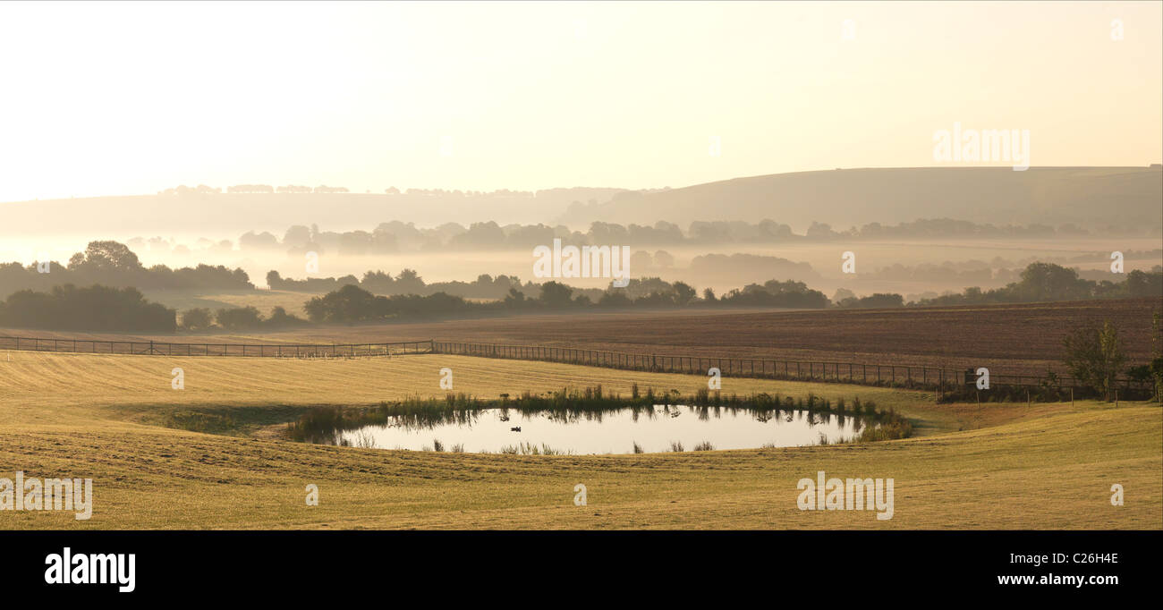 Am frühen Morgen Blick kurz nach Sonnenaufgang über dem Chalke Tal von Ebbesbourne Zuge, Wiltshire, England. Stockfoto