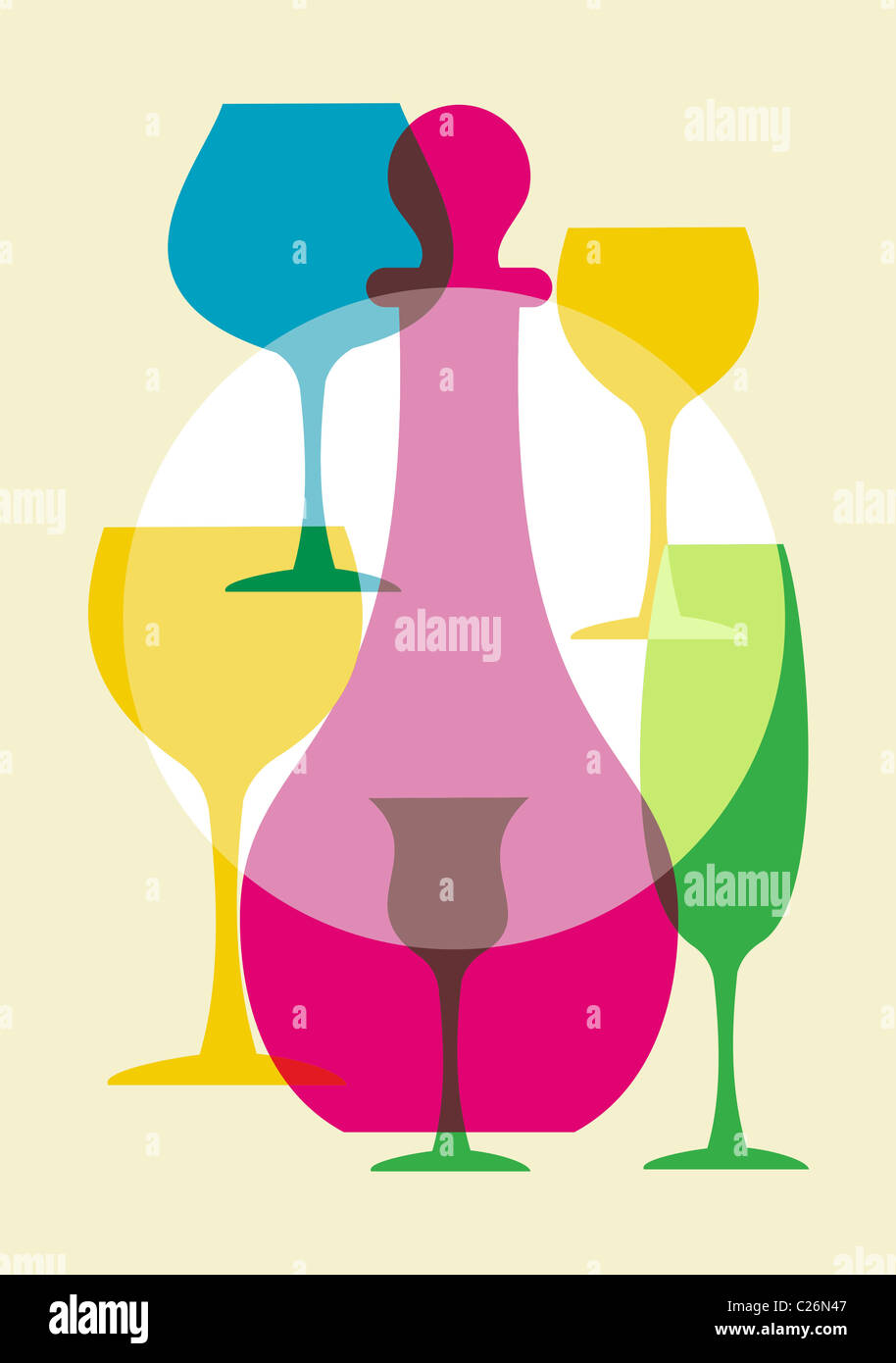 Bunte Gläser Wein und eine Flasche setzen auf hellem Hintergrund Stockfoto