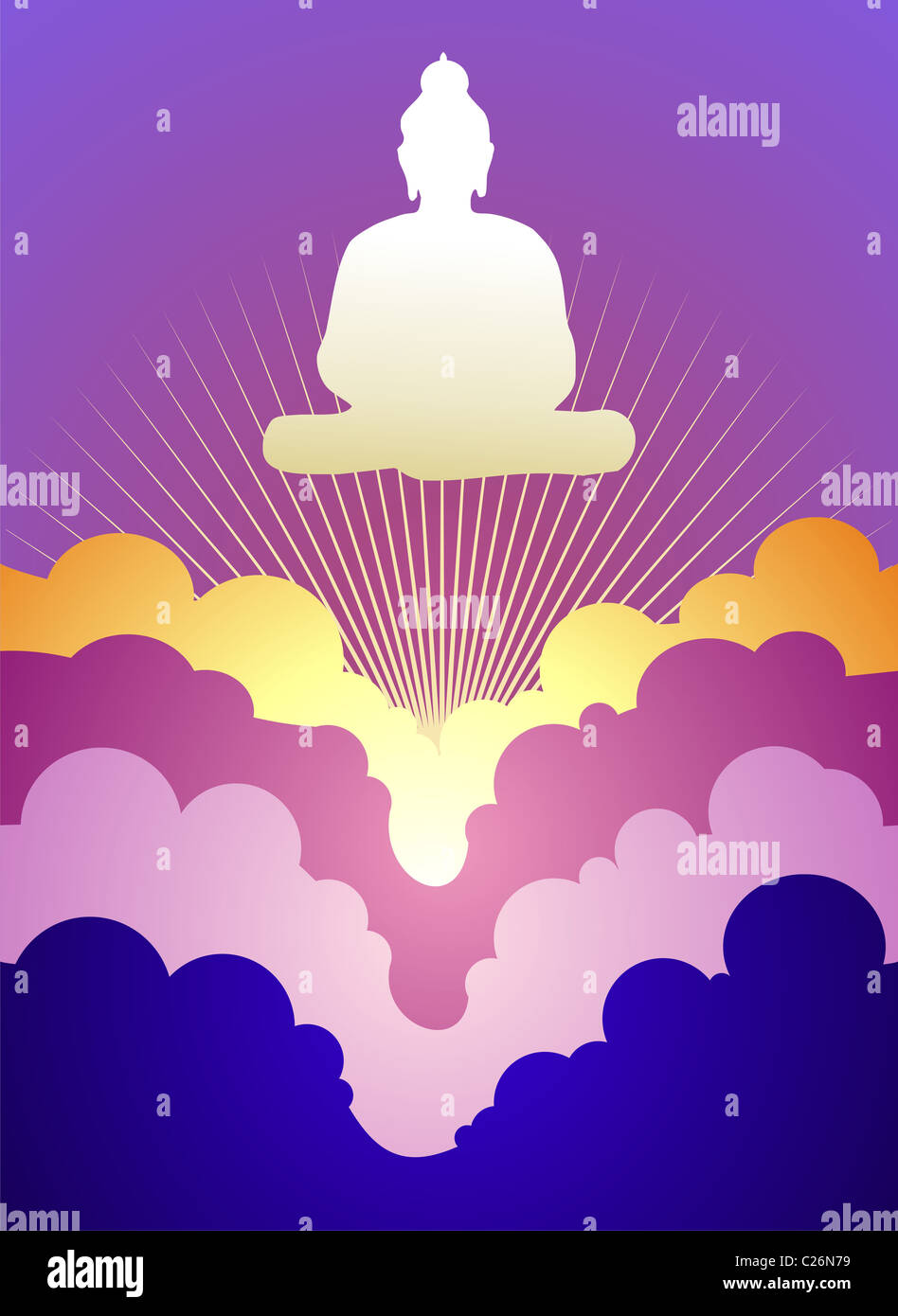 Buddha-Silhouette bei Sonnenaufgang auf violettem Hintergrund Vektor zur Verfügung. Stockfoto