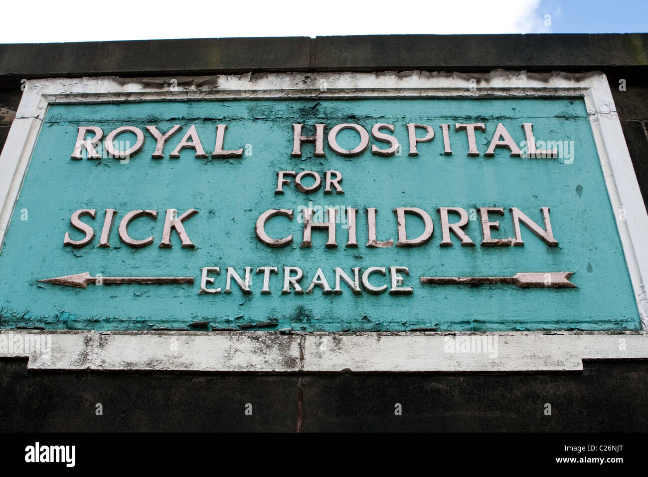 Royal Hospital for Sick Children in Glasgow Ortseingangsschild Stockfoto