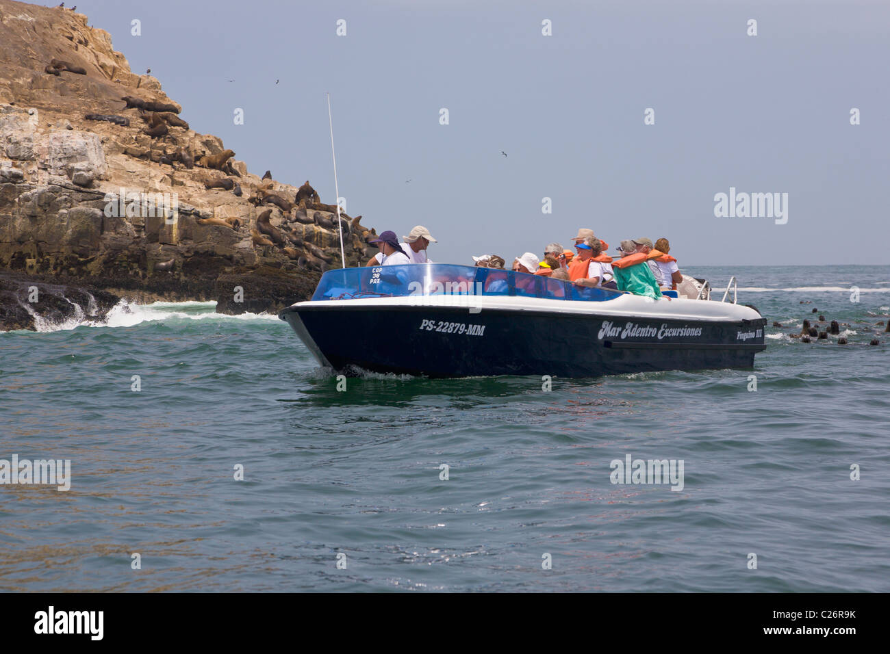 Touristenboot, Seelöwen-Kolonie, Palomino Inseln, Callao, Lima, Peru Stockfoto