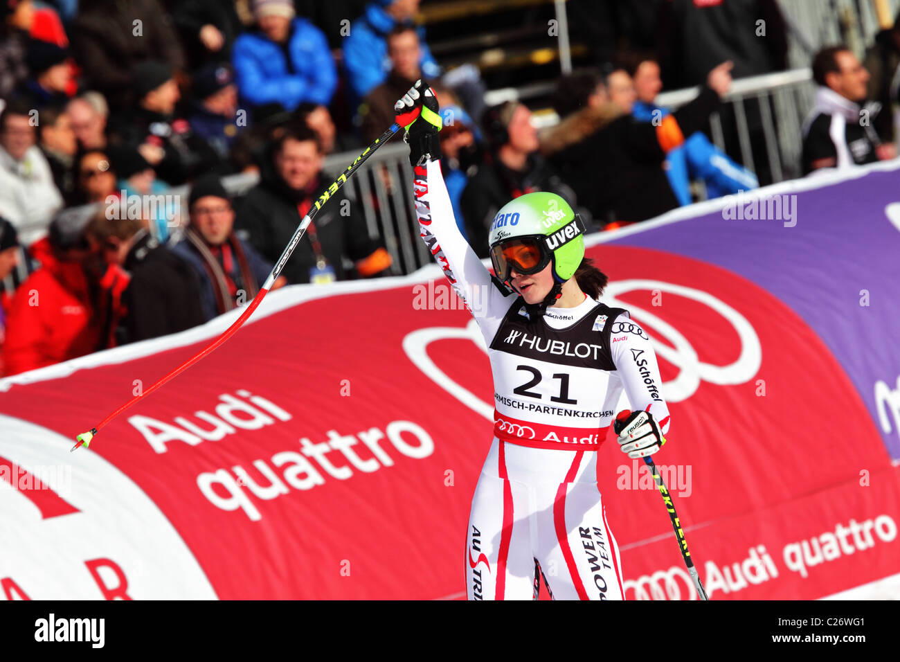 Anna Fenninger (AUT) auf die FIS Alpine Ski-WM 2011 in Garmisch-Partenkirchen. Stockfoto