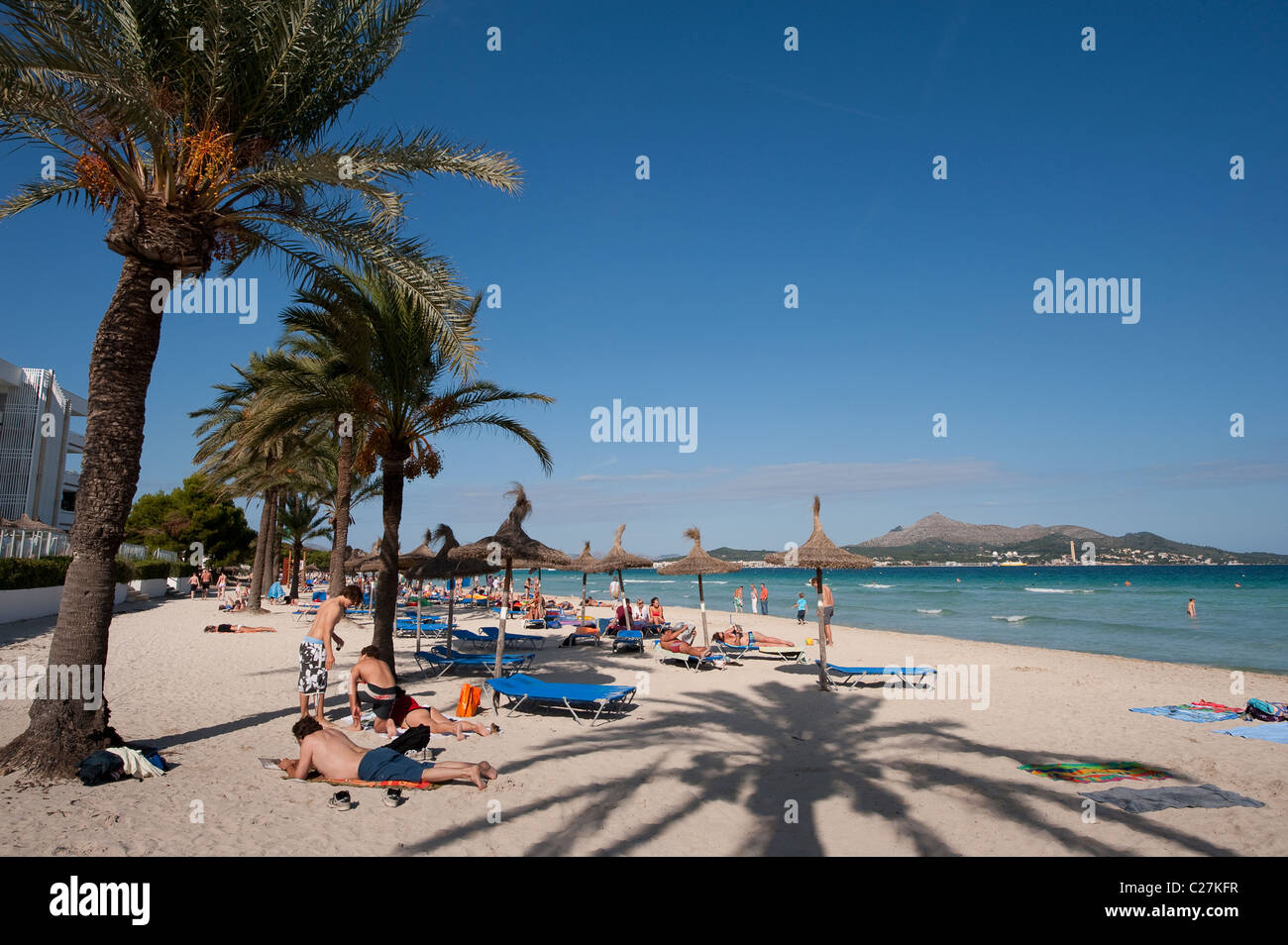 Urlauber, die zum Sonnenbaden unter Palmen am Strand im schönen Spanisch Resort Puerto de Alcudia Stockfoto