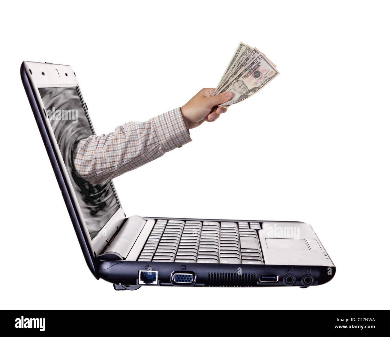 Immer Geld von Laptop-Monitor - Online-Buchung, Online-Banking Bildschirmthema. Isoliert auf weiss Stockfoto
