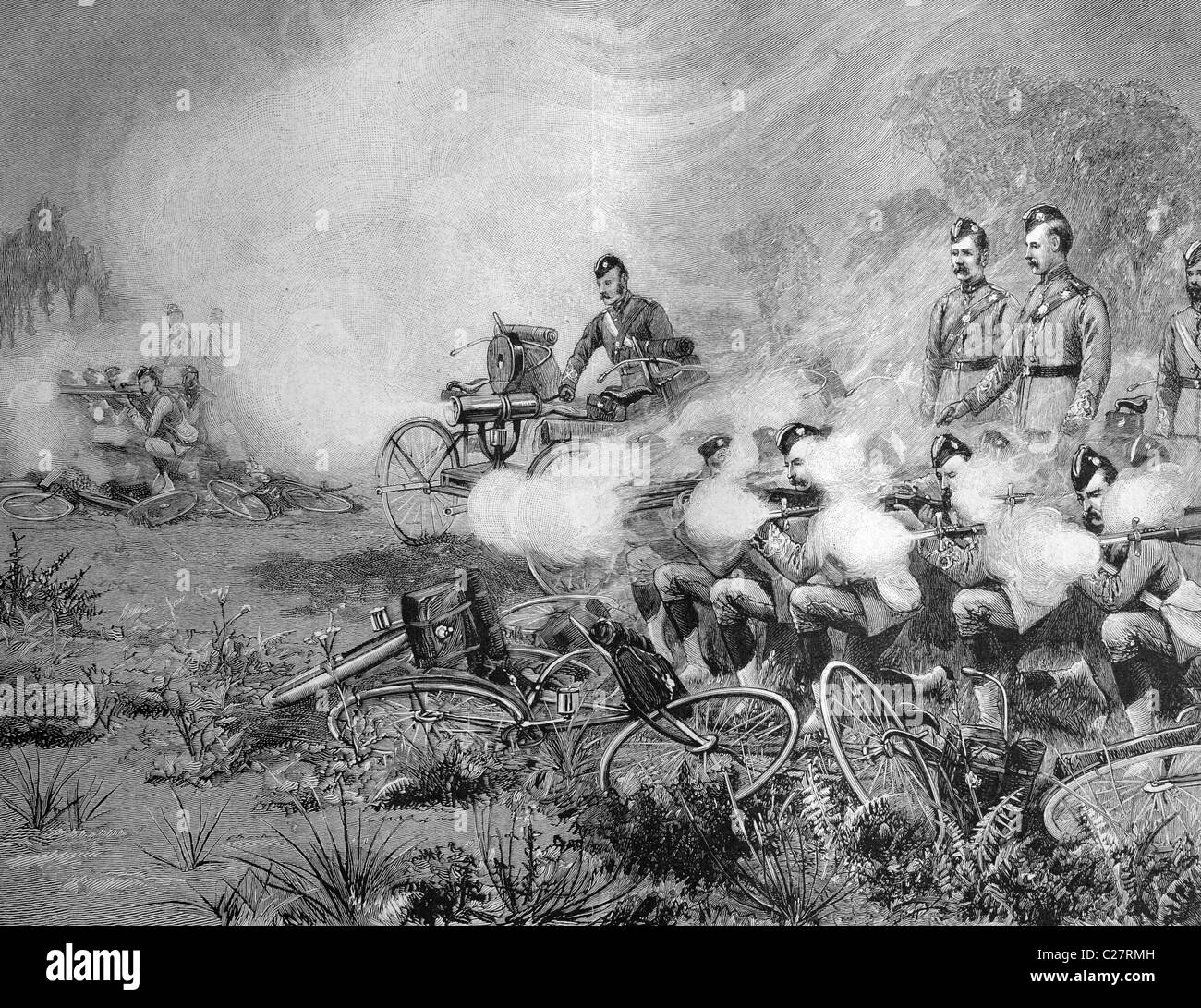 Britische Soldaten mit Fahrrädern und Schnellfeuer-Gewehre, historische Abbildung, ca. 1893 Stockfoto