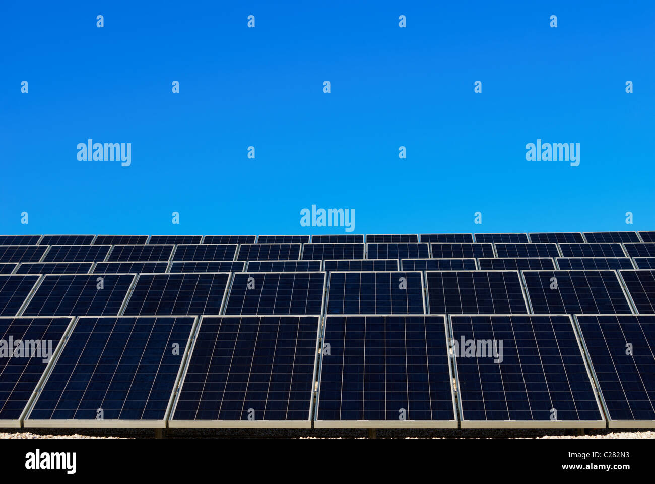 Blaue und weiße Solar-Panel in einer Zeile unter blauem Himmel Stockfoto