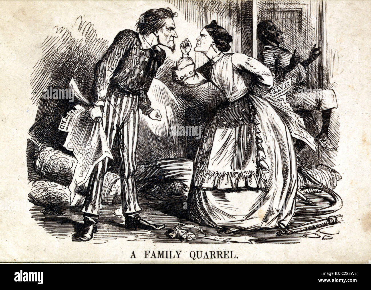 Ein Familienstreit. Uncle Sam hat eine Zeitung markiert "Geeint", die Frau hat eine Zeitung hinter ihr wieder markiert "Erklärt". Stockfoto