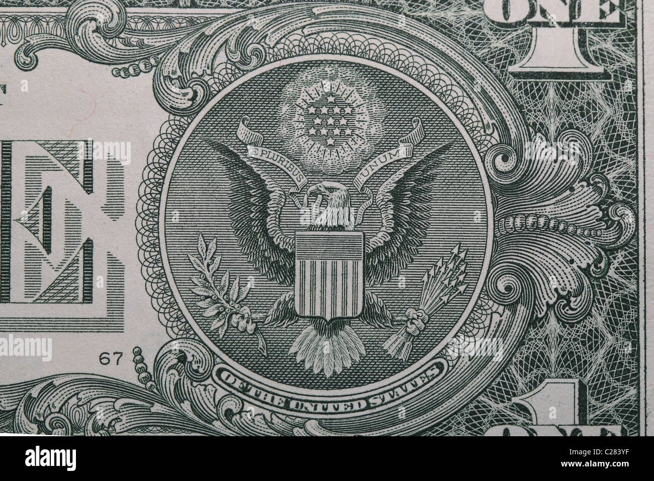 Adler auf Rückseite der Dollarnote mit dem großen Siegel der Vereinigten Staaten Stockfoto