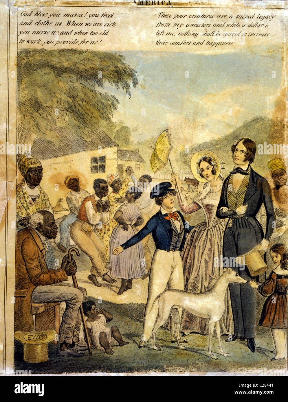 Eine idealisierte Darstellung der amerikanischen Sklaverei und die Bedingungen der schwarzen unter diesem System im Jahre 1841. Stockfoto