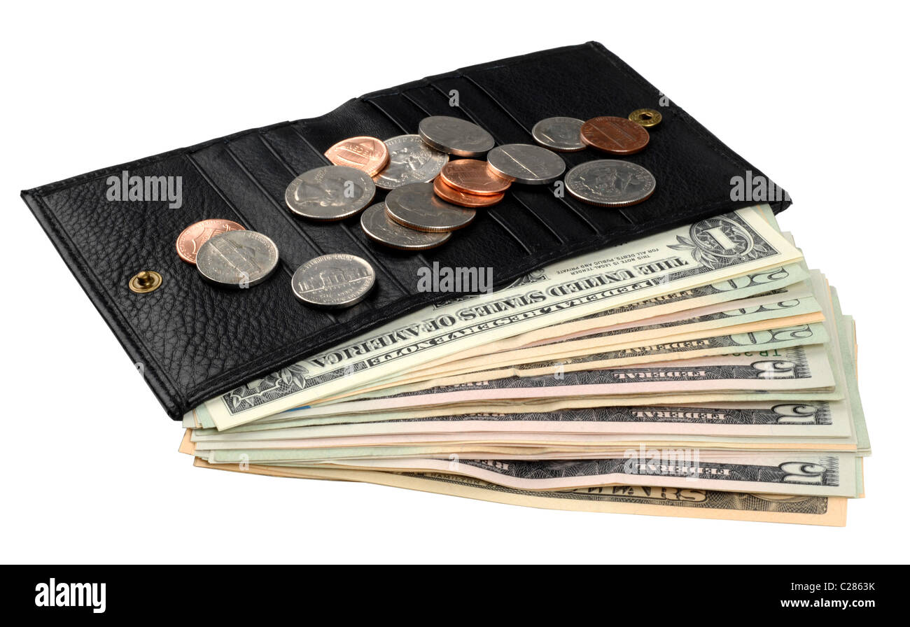 Dollar, Dollar, Geld, amerikanischen Banknoten und Münzen in der Brieftasche Stockfoto