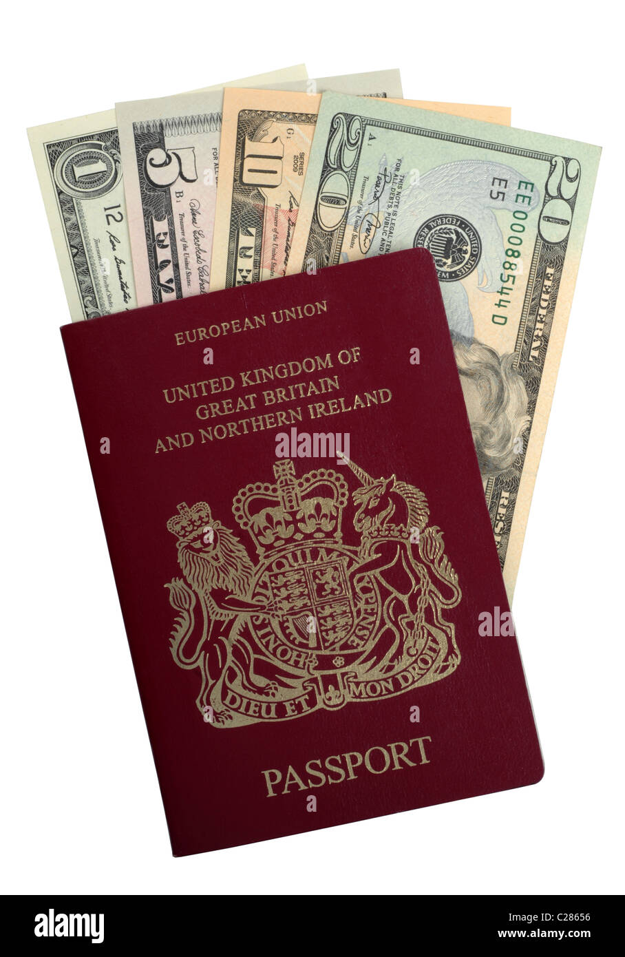 Amerikanischen Banknoten in einen britischen Pass, Geld, Dollar, Dollar Stockfoto