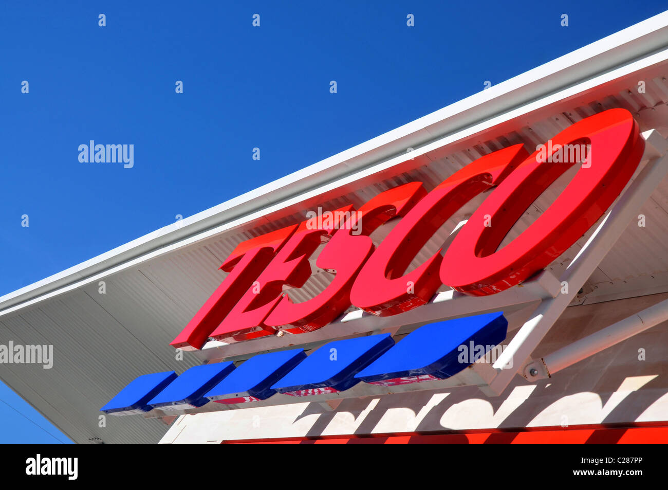 Tesco Supermarkt Zeichen Stockfoto