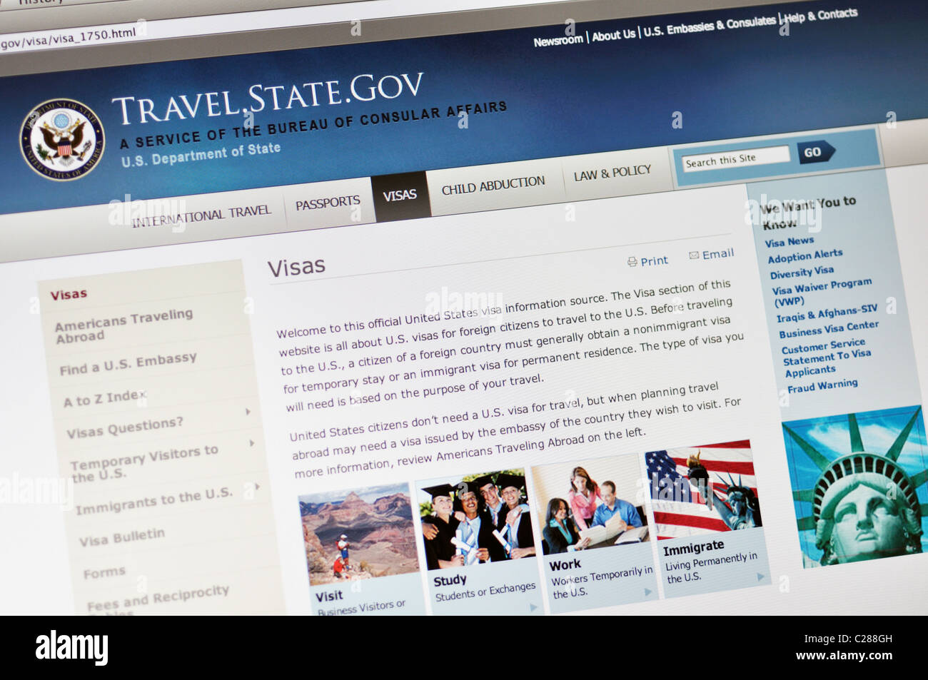 Travel.State.gov Website - Bureau of Consular Affairs - US-Visa, Pässe, internationale Reise-Informationen Stockfoto