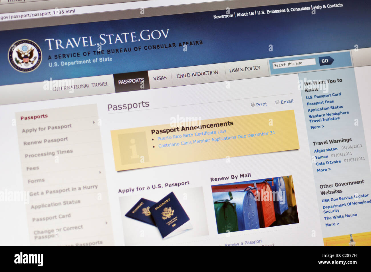 Travel.State.gov Website - Bureau of Consular Affairs - US-Visa, Pässe, internationale Reise-Informationen Stockfoto