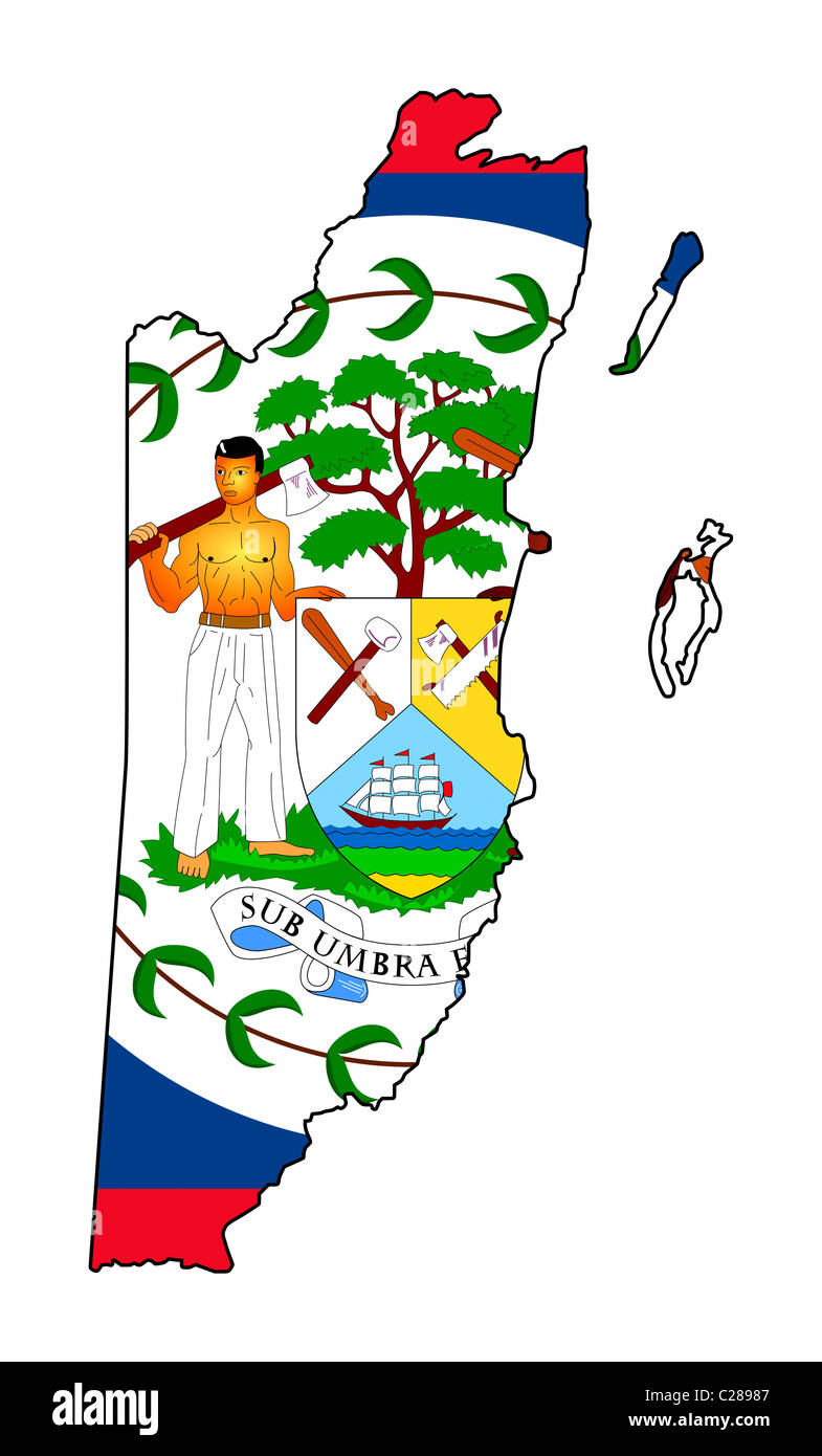 Illustration des Belize Flagge auf der Karte des Landes; isoliert auf weißem Hintergrund. Stockfoto