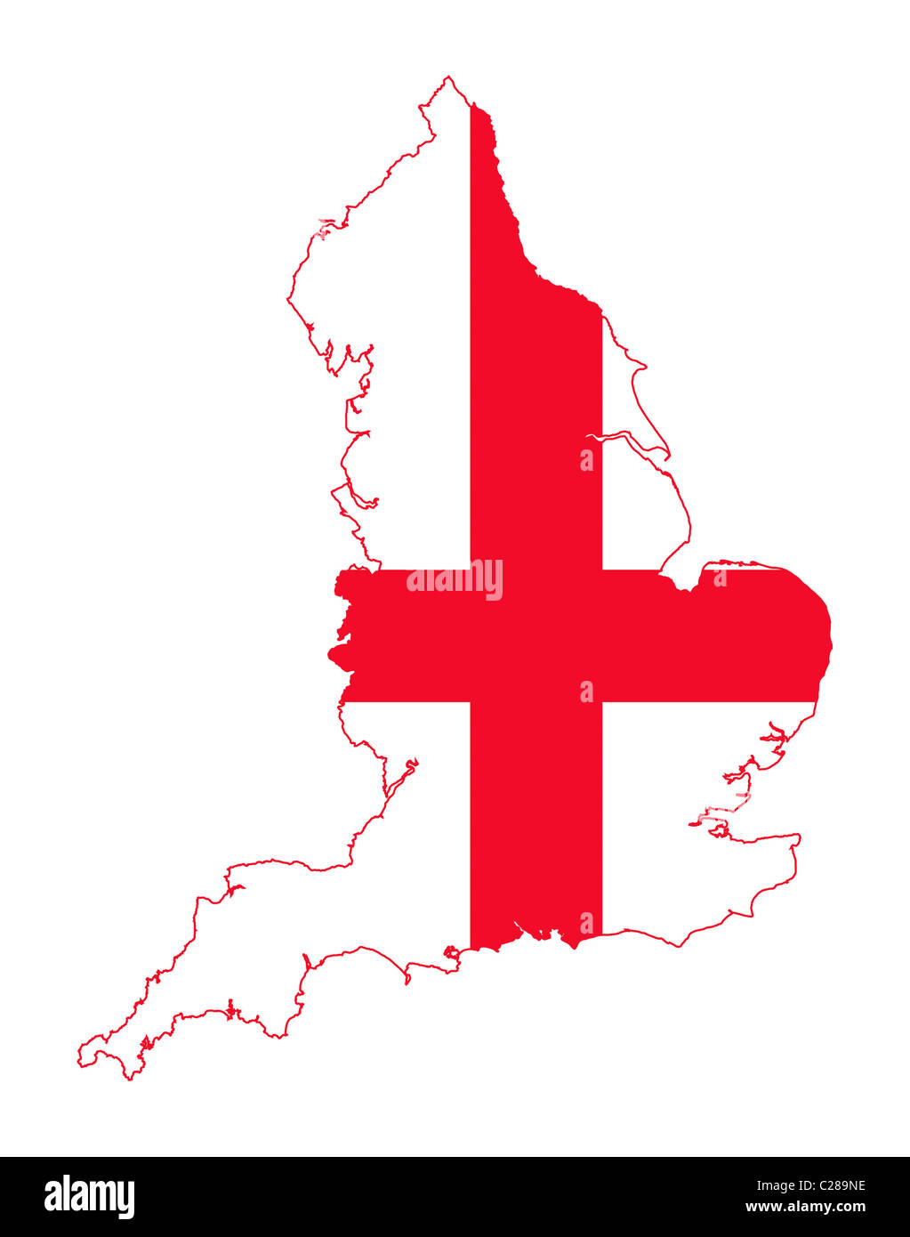 Darstellung der englischen Flagge auf Karte des Landes; isoliert auf weißem Hintergrund. Stockfoto