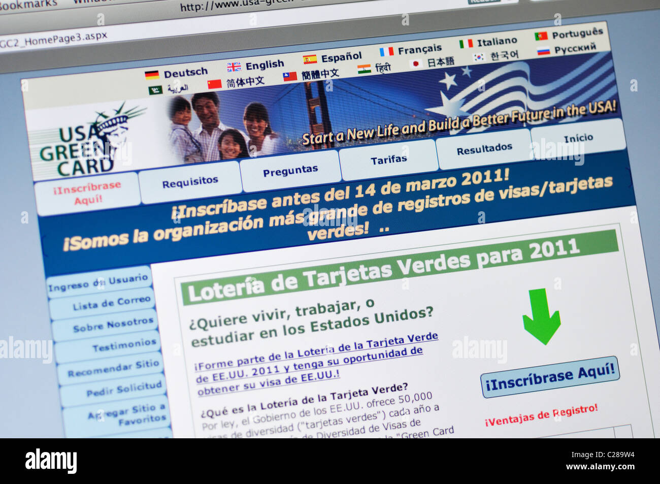 USA Green Card Lotterie Website - Spanisch Stockfoto