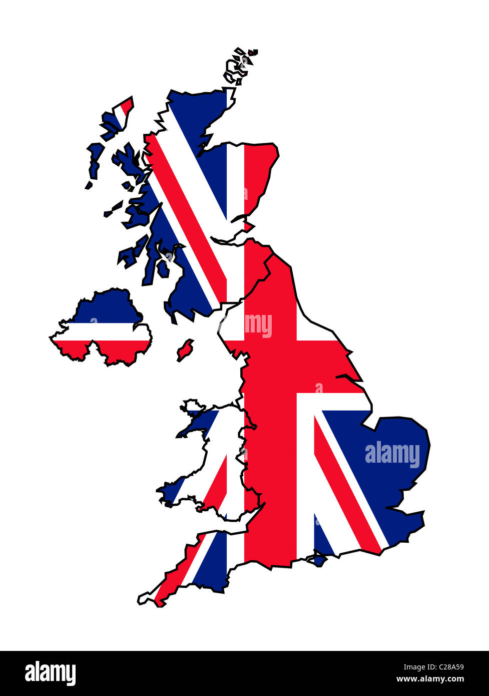 Illustration des Vereinigten Königreichs Flagge auf Karte des Landes; isoliert auf weißem Hintergrund. Stockfoto