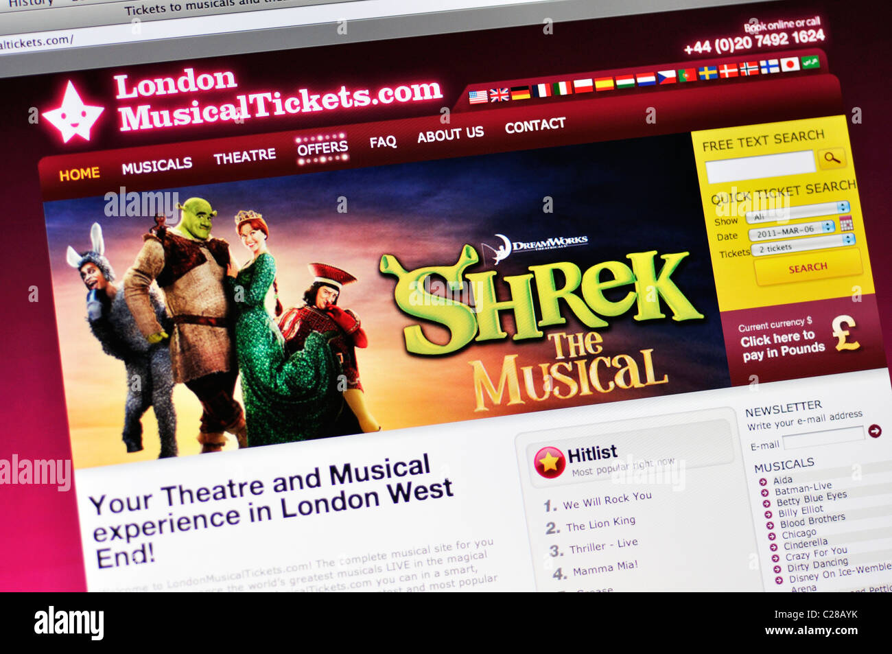 Website für London musical Karten Stockfoto