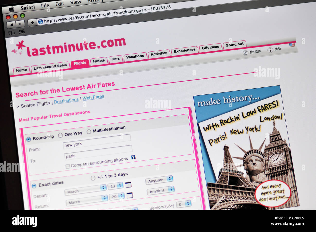 Lastminute Flugtickets suchen website Stockfoto