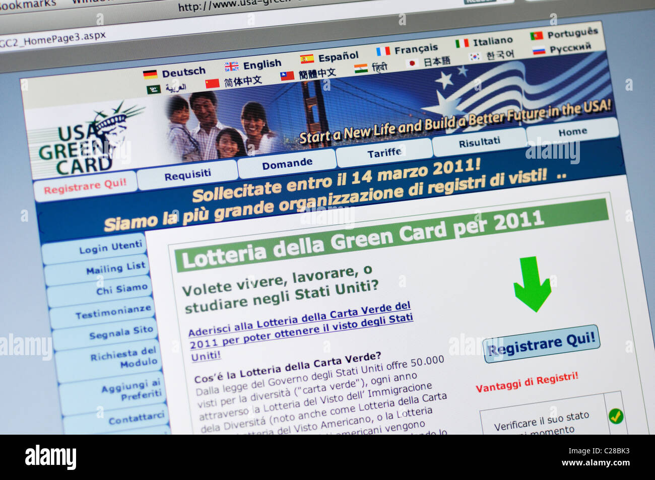 Webseite der USA Green Card Lotterie - in italienischer Sprache Stockfoto