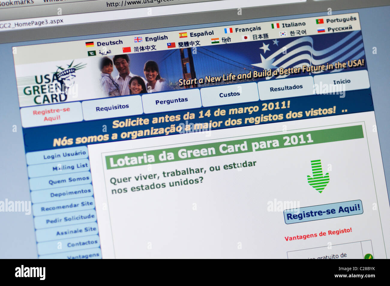 Website der USA Green Card Lotterie - in portugiesischer Sprache Stockfoto