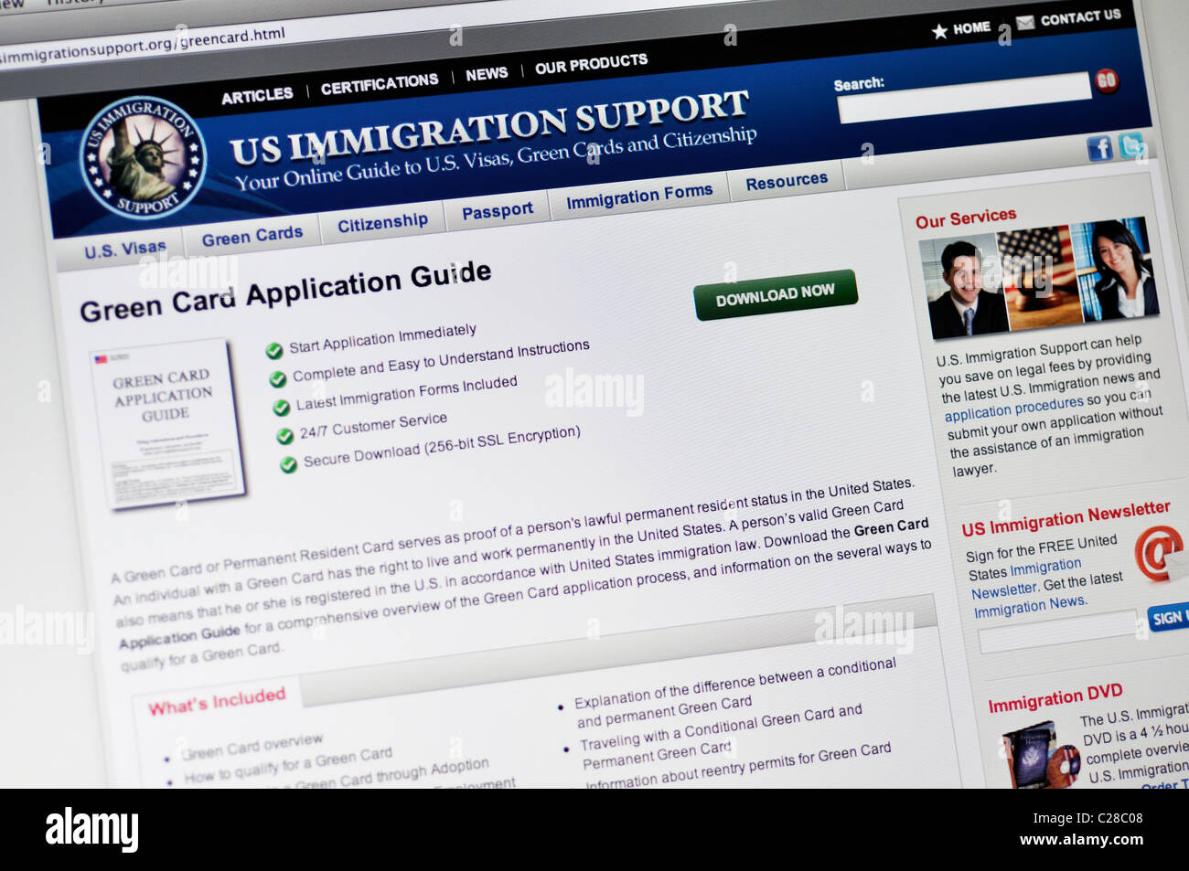 US Immigration Support Website - USA Green Card Lotterie Anwendung Stockfoto