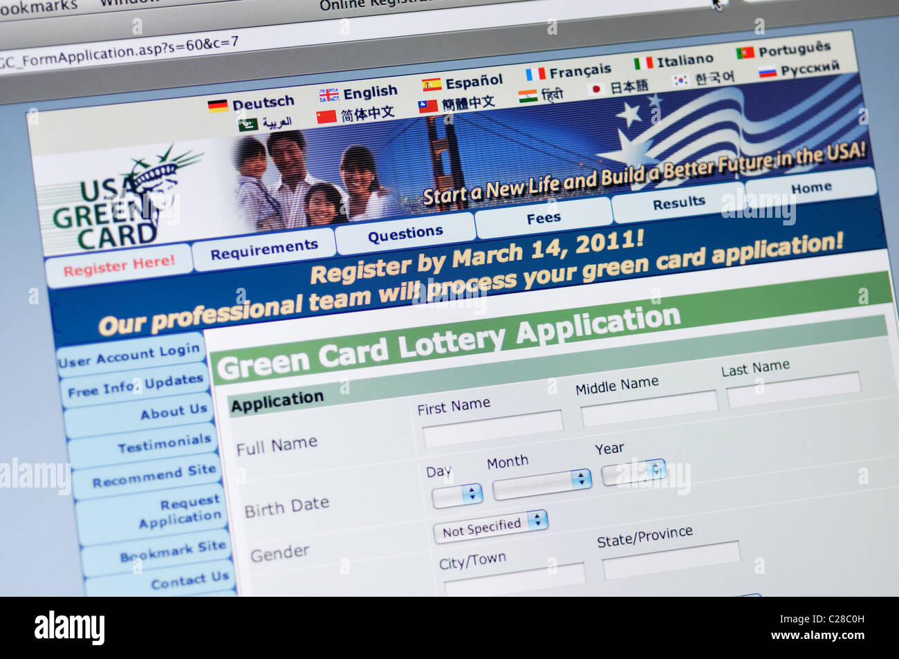 USA Green Card Lotterie Anwendung-website Stockfoto