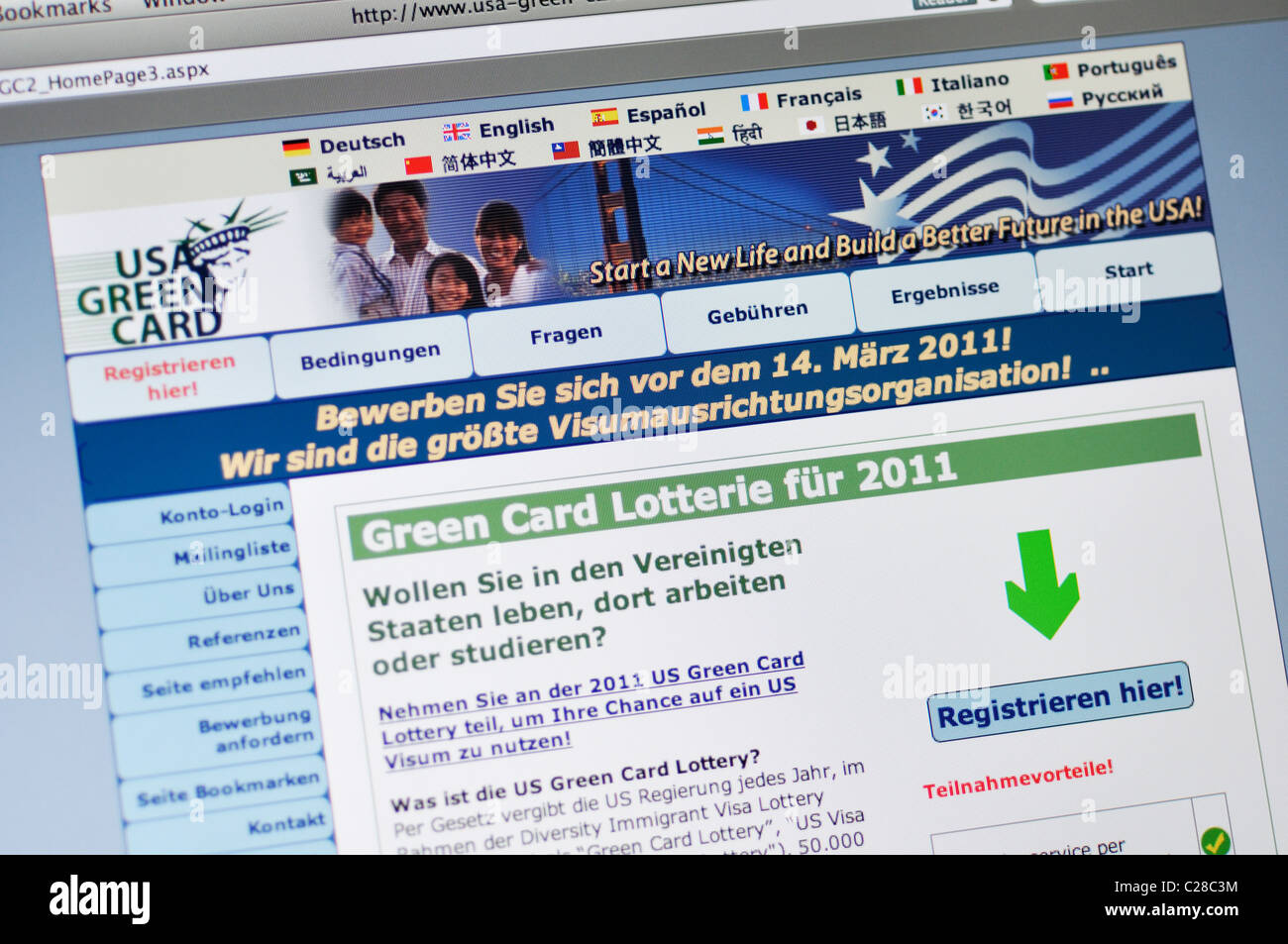 Website der USA Green Card Lotterie - auf Deutsch Stockfoto