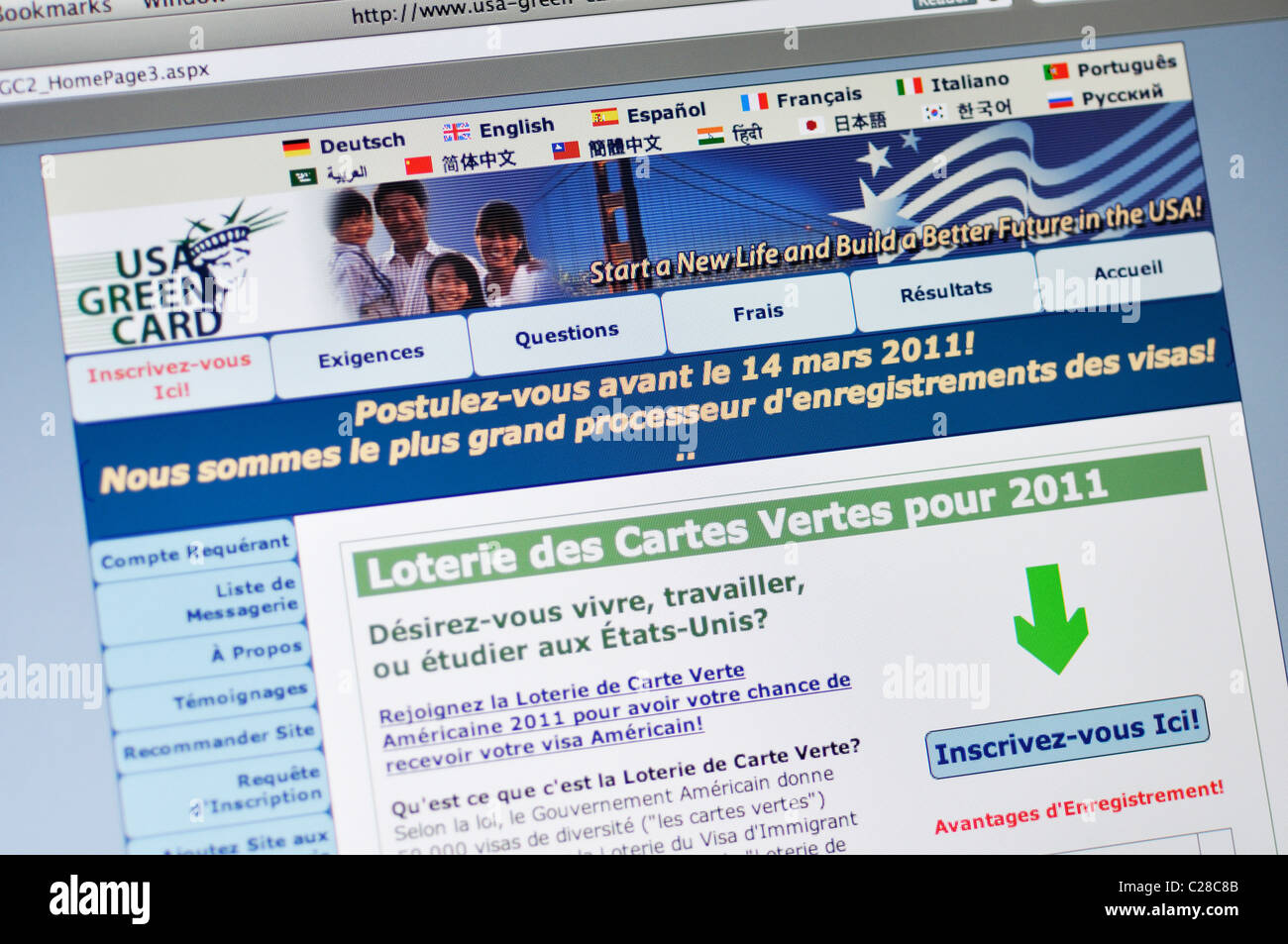 Website der USA Green Card Lotterie - auf Französisch Stockfoto
