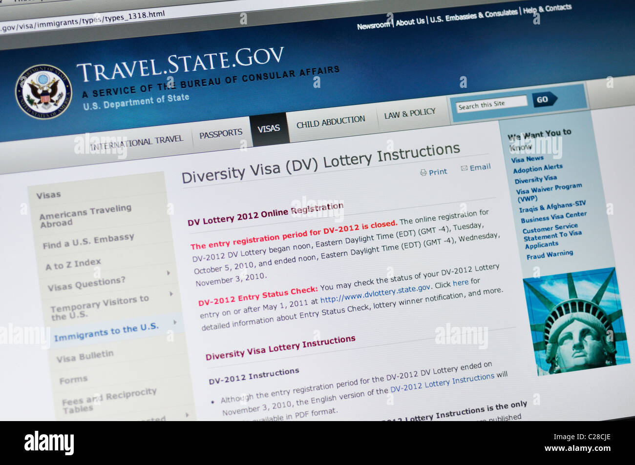 Präsidium des konsularischen Angelegenheit Website - US-Visa, Pässe, internationale Reiseinformationen, Green Card Lotterie Stockfoto