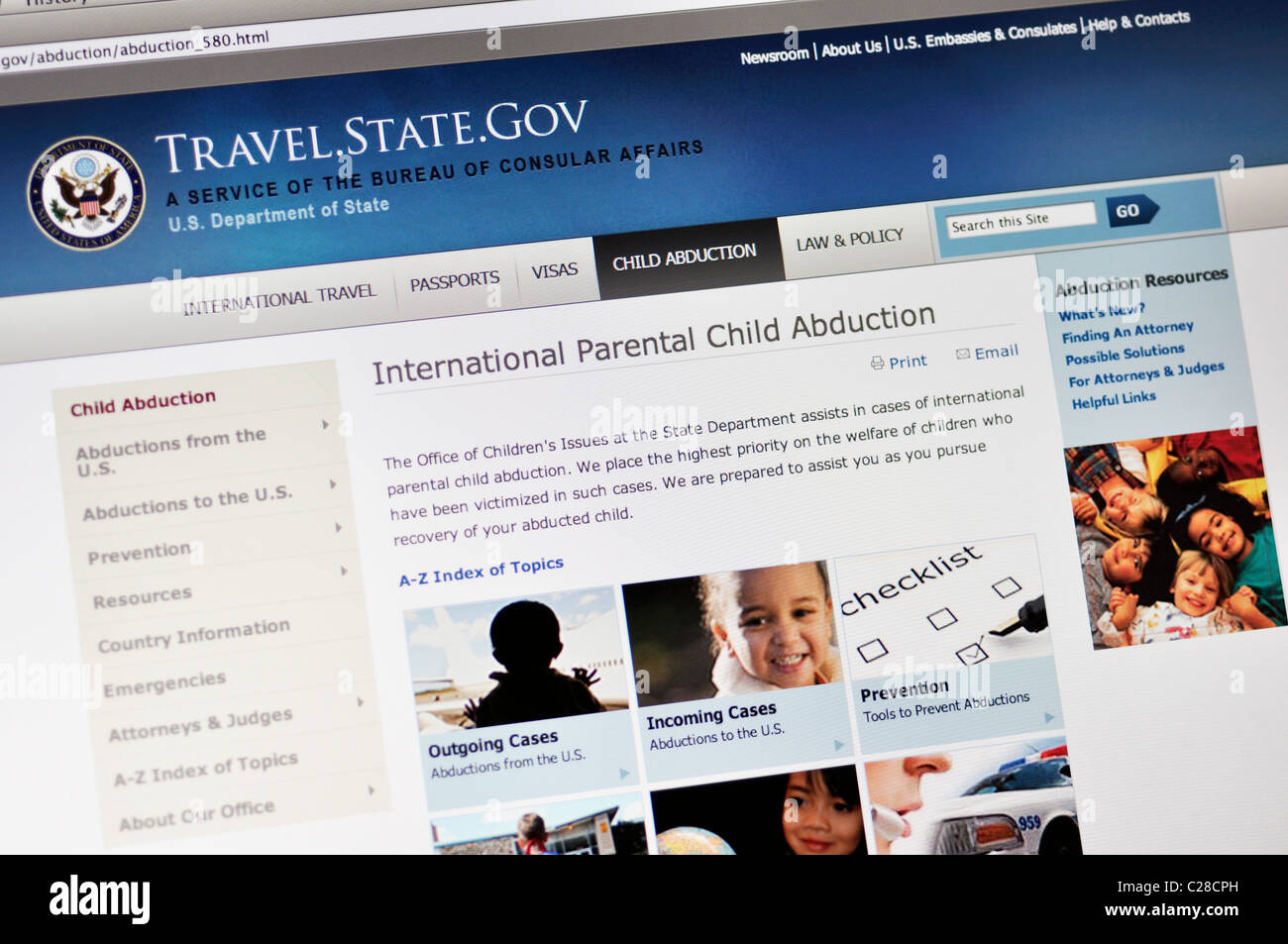 Travel.State.gov Website - Bureau of Consular Affairs - US-Visa, Pässe, internationale Reise-Informationen - Kindesentführungen Stockfoto