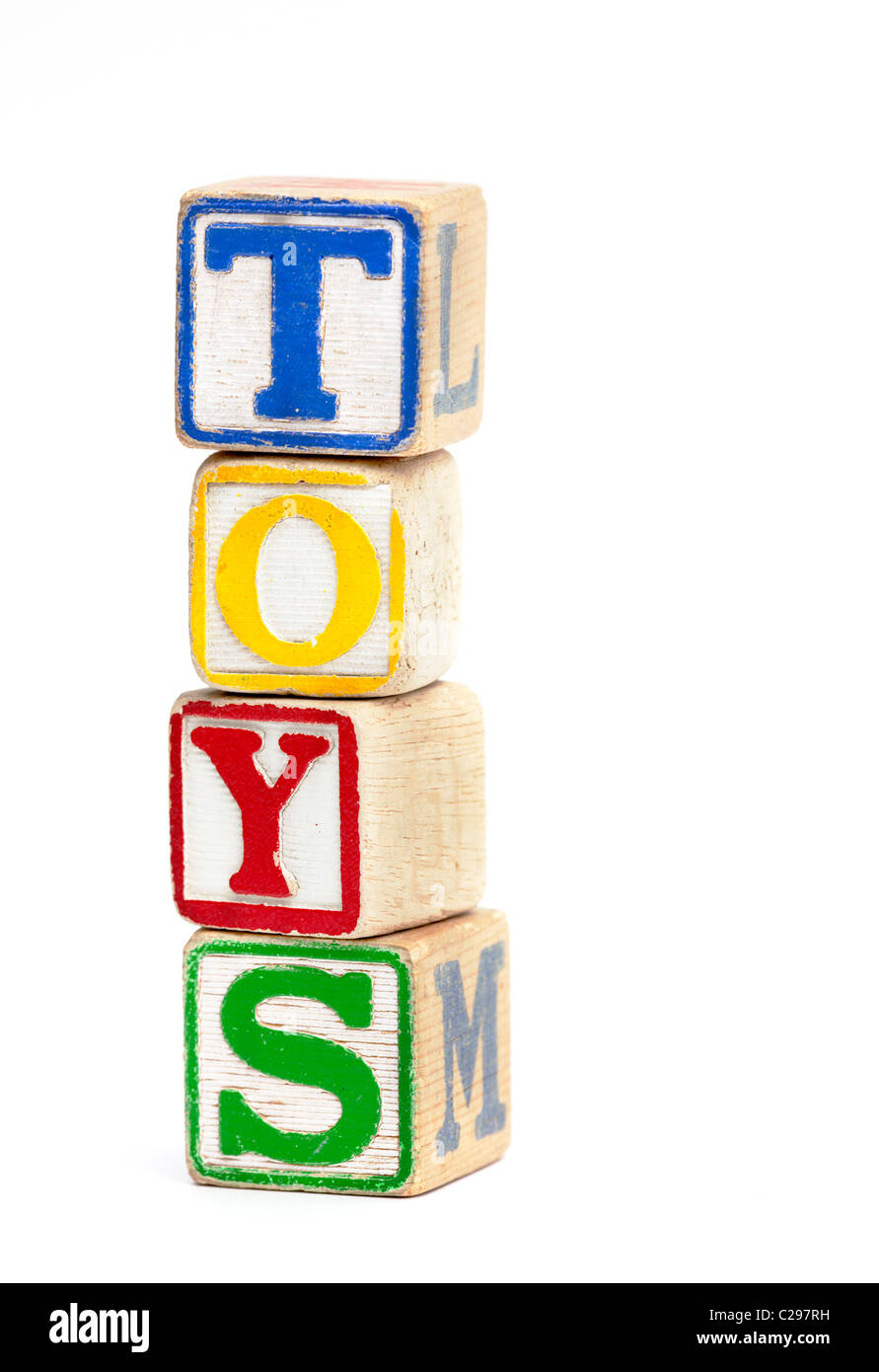 Holzspielzeug-Block gestapelt, um das Wort "Spielzeug" Stockfoto