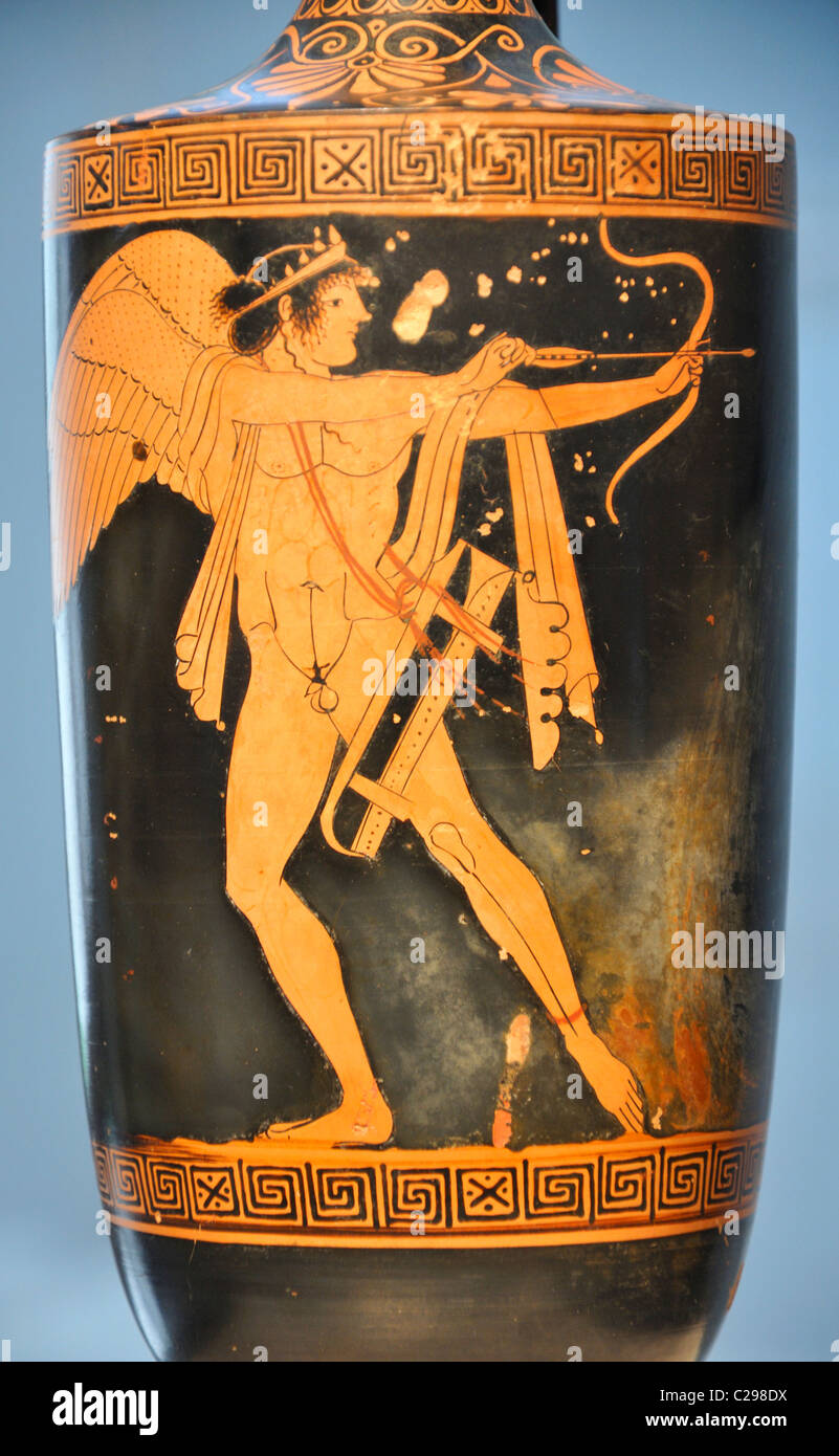 Rotfiguriger Lekythos Eros in der Rolle von Archer c. 490 – 480 v. Chr., griechische, spät archaischen Periode zeigen Stockfoto