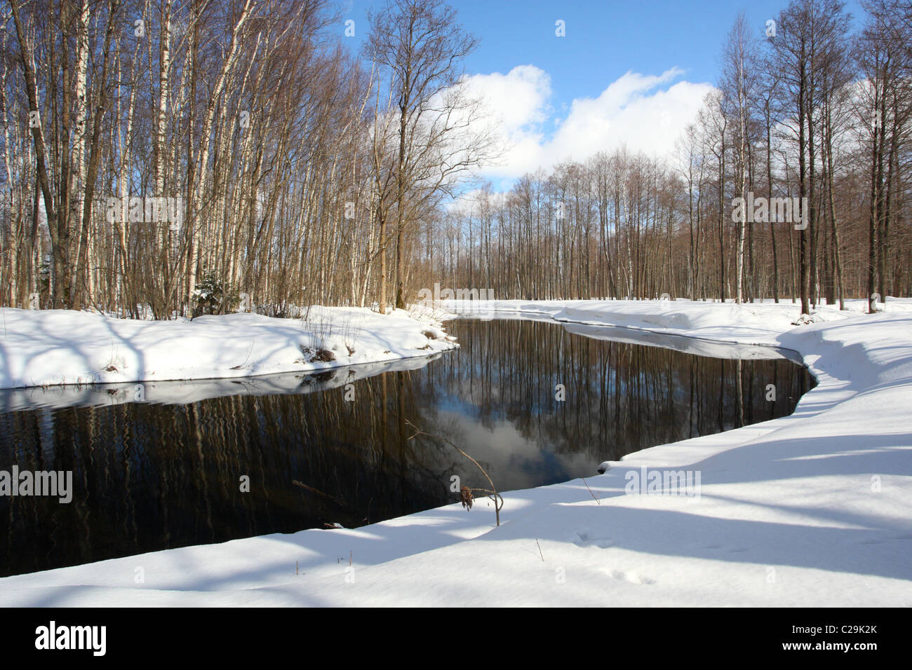 Aufgetaut Fluß (Mudajõgi) im Winter. Estland Stockfoto