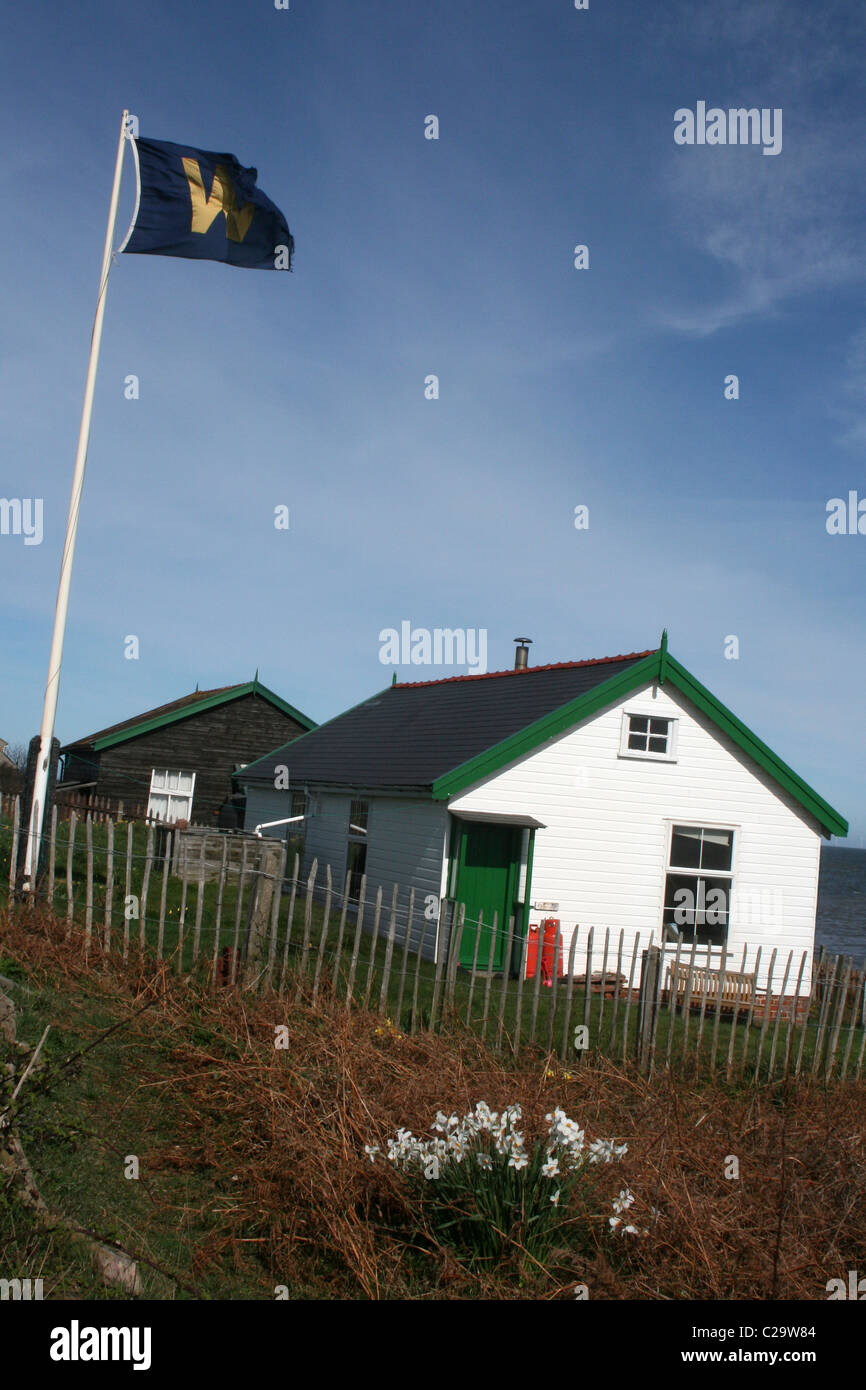 Holzhäuser auf Hilbre Insel, Wirral, UK Stockfoto